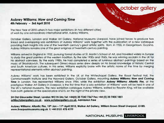 image of Aubrey Williams: Now and Coming Time, October Gallery 2010 flyer
